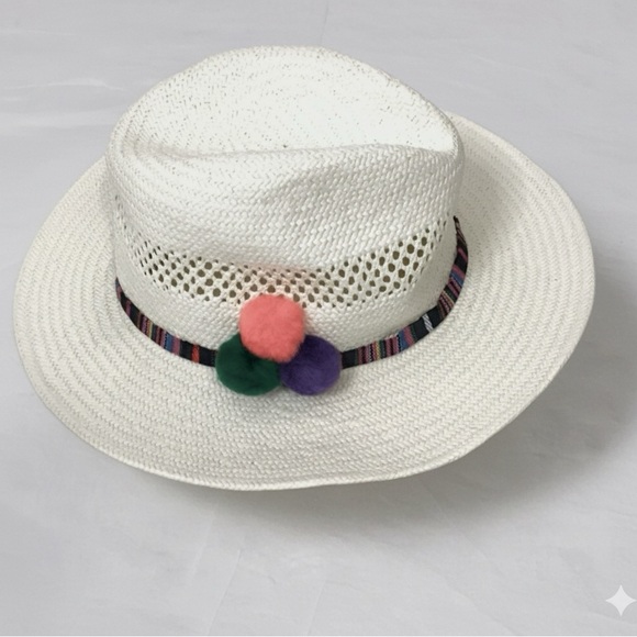 Hat Attack White Beach Hat with Colorful Pom-Poms os - Picture 3 of 10